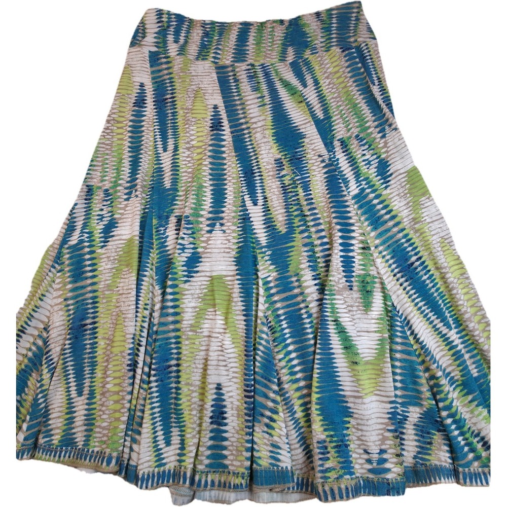 Nic+Zoe Linen Skirt Women M Blue Green Abstract Pull On A-Line Midi Excellent